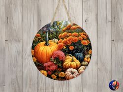 fall pumpkins garden sign round door hanger design, fall 12 inch sublimation design, sign round, png file, digital downl