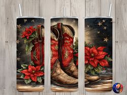 seamless cowboy boots  poinsettia design, christmas 20 oz skinny straight tumbler sublimation design, tumbler wrap, png