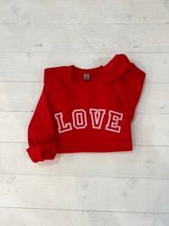 love sweatshirt, valentine's day crewneck, varsity love embossed shirt, galentine's day women's top, gift for tween, gif