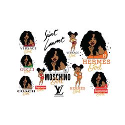 black girl fashion logos bundle svg, trending svg, black girl svg, versace svg, louis vuiton svg, gucci svg, saint laure