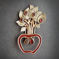 apple tree brooch, copper brooch, coat brooch, garnet jewelry