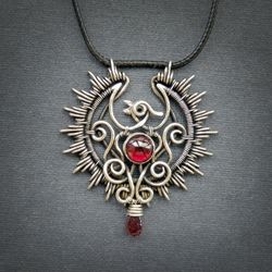 phoenix pendant necklace with garnet, bird pendant, wire wrapped jewelry