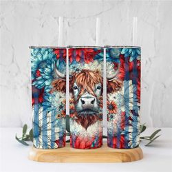Highland Cow Tumbler, Patriotic Tumbler, Daisies Tumbler, 4th of July, 20oz Skinny Tumbler, Red White Blue, Sublimation,