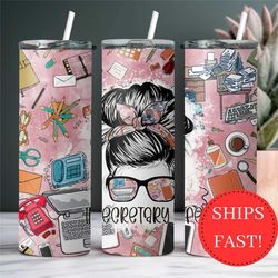 secretary gift tumbler with straw, secretary appreciation gift, messy bun secretary life tumbler, gift for secretary for