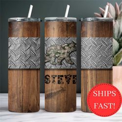 custom bear hunter tumbler for men gift for dad, camo bear to go cup, insulated bear hunting cup, wood look tumbler gift