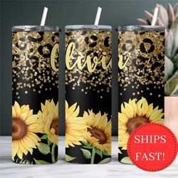 personalized sunflower cheetah print tumbler gift for her, sunflower glitter leopard print tumbler, sunflower lover gift