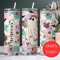 personalized retro halloween skating ghoul tumbler for halloween lover, cute spooky ghost tumbler, spooky season cup, sp