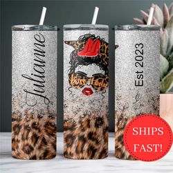 personalized boss lady tumbler gift for lady boss on boss's day, messy bun glitter boss lady cup, leopard skin lady boss