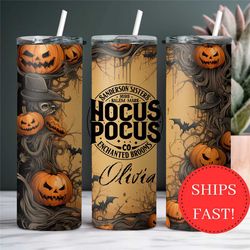 personalized sanderson sisters hocus pocus halloween tumbler with straw, halloween cups, spooky pumpkin tumbler, hallowe