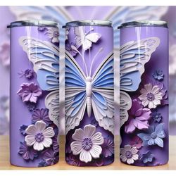 Butterfly Flowers Tumbler, 3D Purple 20oz Skinny Tumbler , Sublimation Design, Coffee Tumbler