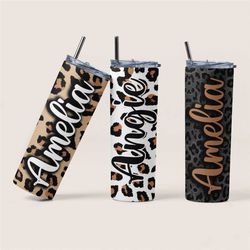 custom leopard print tumblers, personalized insulated tumbler, custom leopard skinny tumbler with metal straw, gifts for