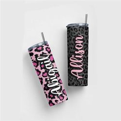 personalized bachelorette party tumblers, thermal insulated tumbler, custom leopard skinny tumbler with metal straw, gif