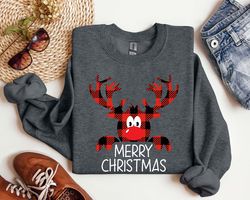 buffalo plaid deer sweatshirt, buffalo plaid reindeer hoodie, cute long sleeve shirts, merry christm