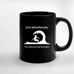 live adventurously female surfer ceramic mugs, funny mug, gift for him, gift for mom, best friend gift