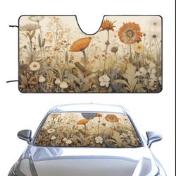 vintage botanical wildflower car sunshade, botanical windshield visor, uv privacy sunshade, car decoration