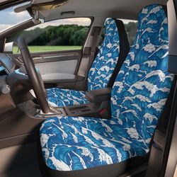 ocean waves set of two front car seat covers, blue stormy sea waves car seat cover