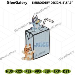 juice bluey machine embroidery file design, bluey cartoon embroidery instant, bingo bluey embroidery file digitals desig