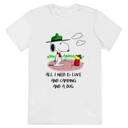 camping snoopy and woodstock all i need is love and camping and a dog shirt