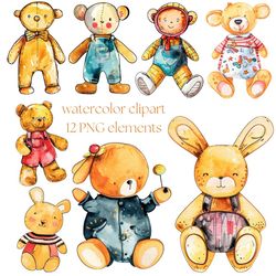 baby watercolor clipart, 12 pieces of baby toys illustration, cute newborn baby accessories, digital files png