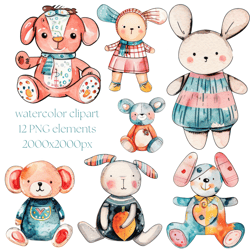 baby watercolor clipart, 12 pieces of baby toys illustration, cute newborn baby accessories, digital files png