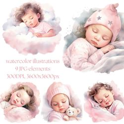 watercolor illustrations, children's illustrations, sleeping child, illustrations for children's cards