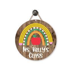 teacher name sign  apple rainbow classroom sign  personalized school door hanger  teacher gift  rainbow sign school