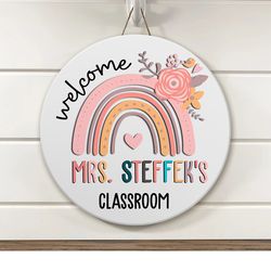 personalized classroom door sign, teachers appreciation gift, classroom door hanger, rainbow and flowers welcome