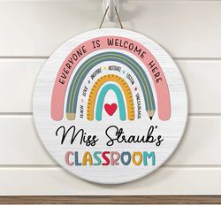 personalized classroom door sign, teachers appreciation gift, classroom door hanger, rainbow everyone is welcome here