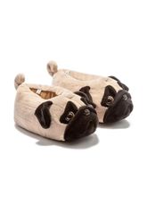 cute fluffy pug dog home slippers, cozy fuzzy animal house slippers, pug dog house slides, pug dog lover gift, for women