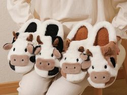 cute fluffy cow slippers - kawaii winter comfort for women and girls