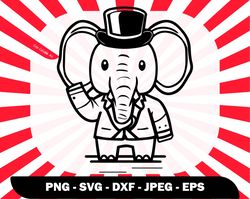 cute elephant with stovepipe hat svg, elephant svg for glowforge, cute png for shirts, elephant svg, baby elephant subli