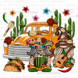 mexican gnome truck png sublimation design download, cinco de mayo png, mexican gnomes png, cactus png, sublimate design