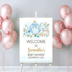 personalized tea party baby shower welcome sign, floral blue gold tea baby shower welcome poster, baby is brewing