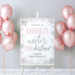 personalized winter onederland pink welcome sign, snowflake girls first birthday welcome poster poster haqcvpm058-7