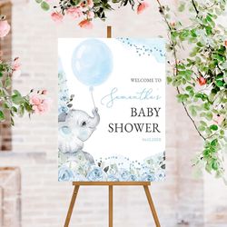 personalized blue floral boy elephant baby shower welcome sign, blue elephant baby shower welcome sign, blue balloon ele