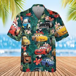 cars hawaiian shirt, lightning mcqueen doc hudson summer hawaiian, car aloha shirt, car pixar hawaiian button downs