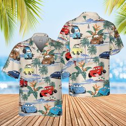 cars hawaiian shirt, lightning mcqueen doc hudson summer hawaiian, car aloha shirt, car pixar hawaiian button downs