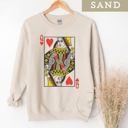 queen of hearts graphic sweatshirt, playing cards crewneck, valentines gift for her, casino poker card player sweatshirt