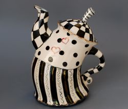 art teapot black and white cage dancing teapot wonderland style porcelain handmade teapot tea party whimsical sculpture