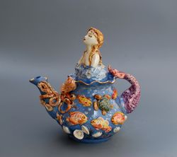 blue art teapot mermaid figurine fish,seashells,sea turtle relief porcelain art sea siren, marine theme, unusual teapot