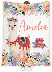 personalized llama blanket, floral alpaca llama face sherpa throw blanket, personalized blanket, baby blanket, custom ba