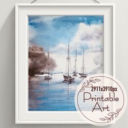 watercolour painting landscape - ships on the sea - printable art - instant download