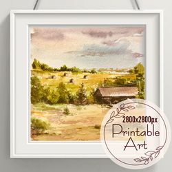 captivating watercolor digital painting of rural landscape - printable square art - instant download