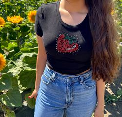 hs bedazzled, rhinestone strawberry sparkle baby tee, tshirt, hslot