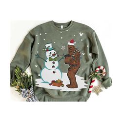 retro chewie santa hat with snowman sweatshirt star wars chewbacca tshirt disney holiday trip, galaxy's edge tee , disne