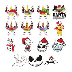 christmas face bundle svg, disney christmas svg, unicorn face svg, jack skelington svg, pooh svg, snowman svg, santa svg