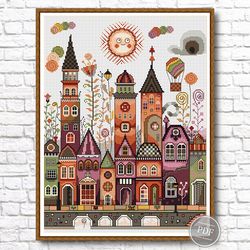 cross stitch pattern fairytale city, cross stitch fairytale house, vintage cross stitch, digital pdf 443