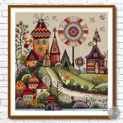 cross stitch pattern. village houses. summer cross stitch. modern cross stitch. instant download pdf file 450