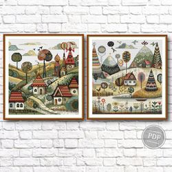 cross stitch set 2 patterns. village houses. cross stitch seasons. modern cross stitch. pdf file 452