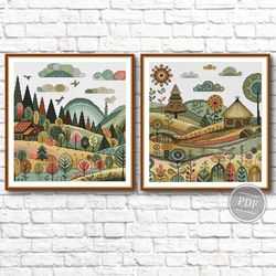 cross stitch set 2 patterns. village houses. cross stitch autumn. landscape embroidery. modern cross stitch pdf file 453